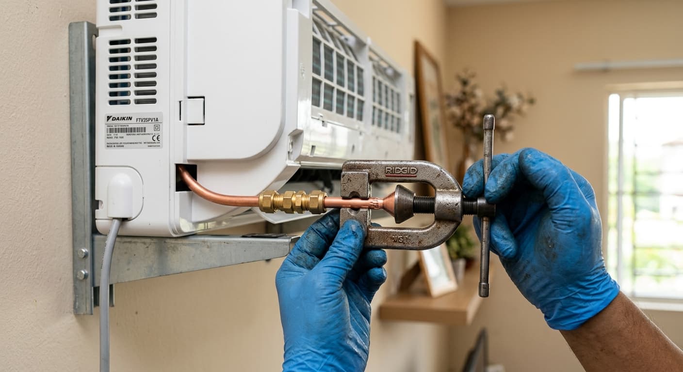 Tangan juruteknik pakar sedang memasang komponen aircond Panasonic