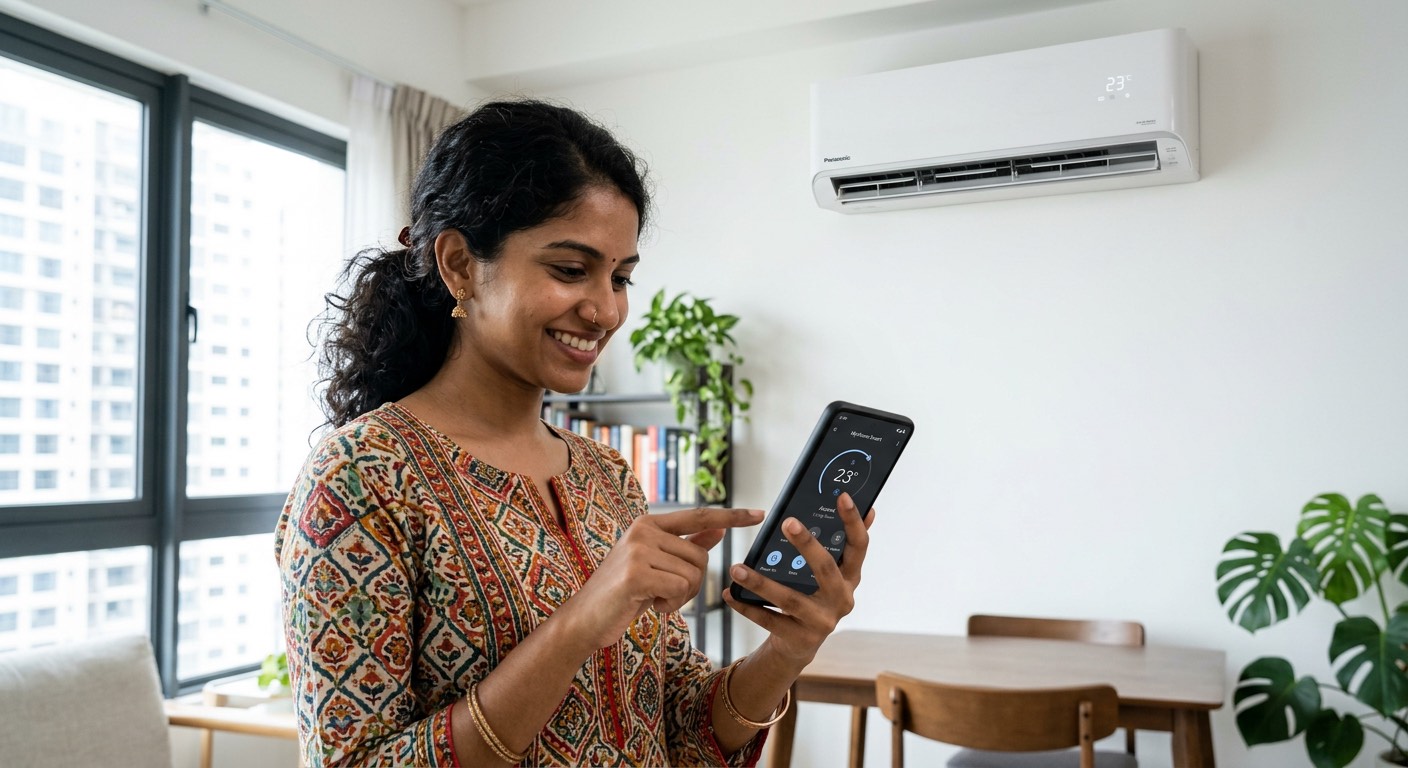 Panasonic Comfort Cloud app controlling an air conditioner from a smartphone