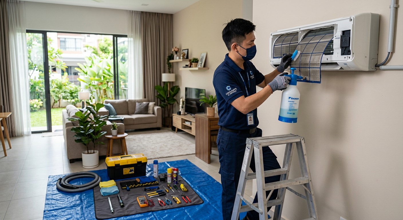Technician performing scheduled servicing on a Panasonic air conditioner