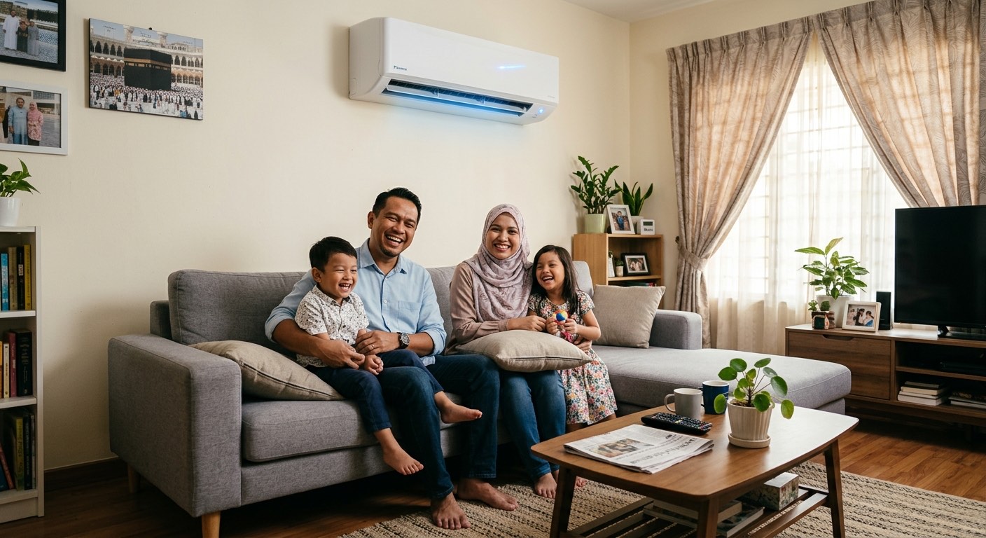 Keluarga menikmati kesejukan aircond Panasonic di ruang tamu