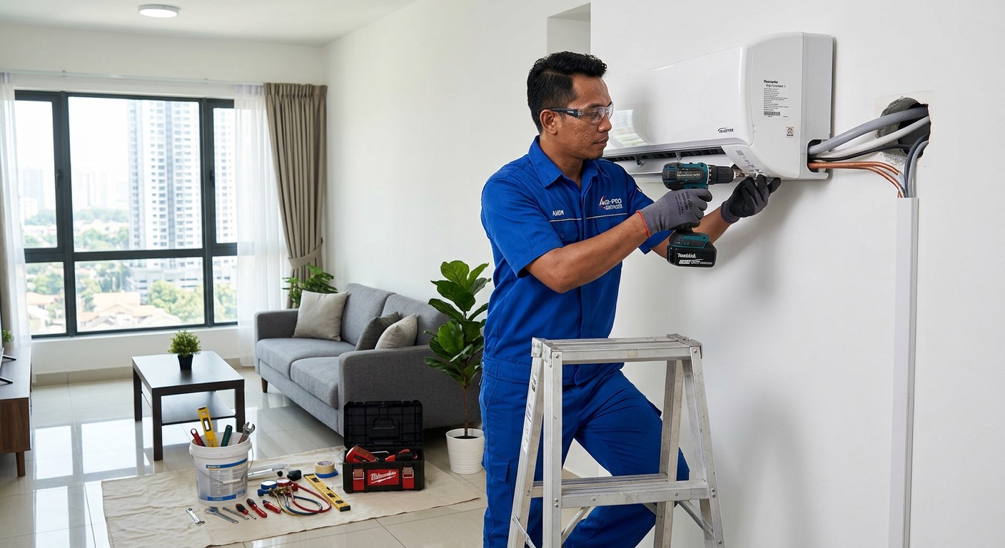 Aircond Panasonic dipasang kemas di dinding ruang tamu rumah Malaysia