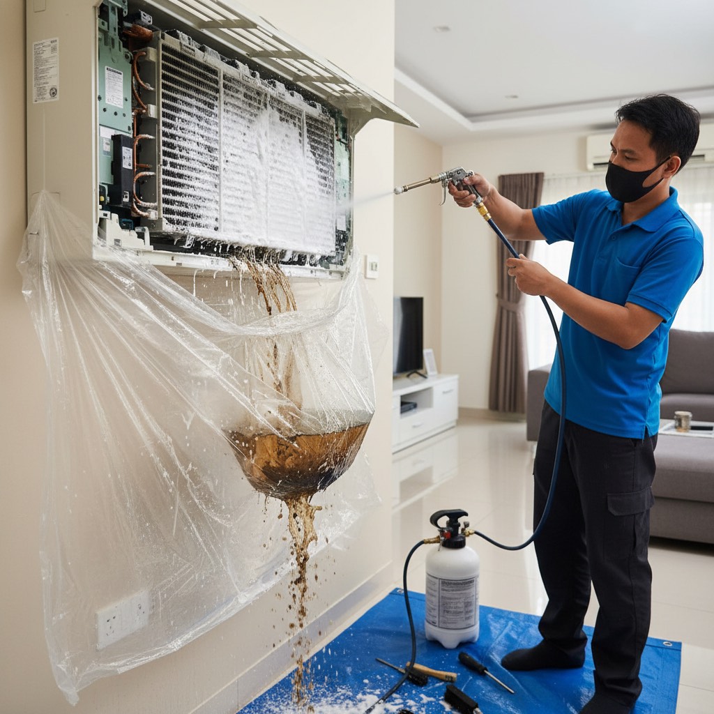 Juruteknik bertauliah menjalankan Servis & Chemical Wash untuk aircond Panasonic di rumah pelanggan