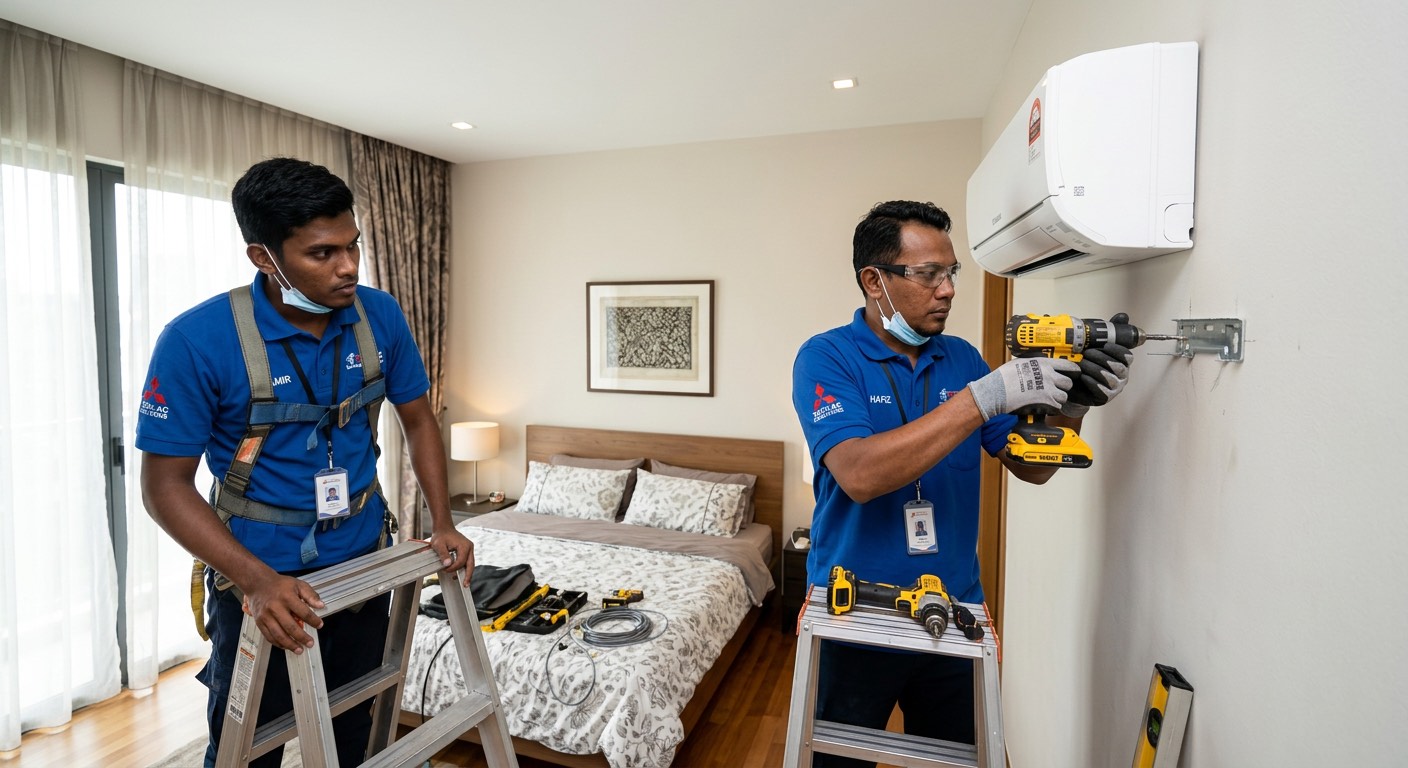 Juruteknik bertauliah memasang unit dalaman aircond Panasonic