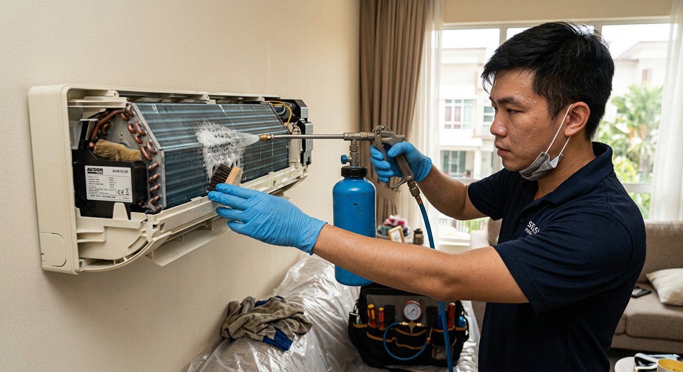 Juruteknik menservis unit luar aircond Panasonic di luar rumah