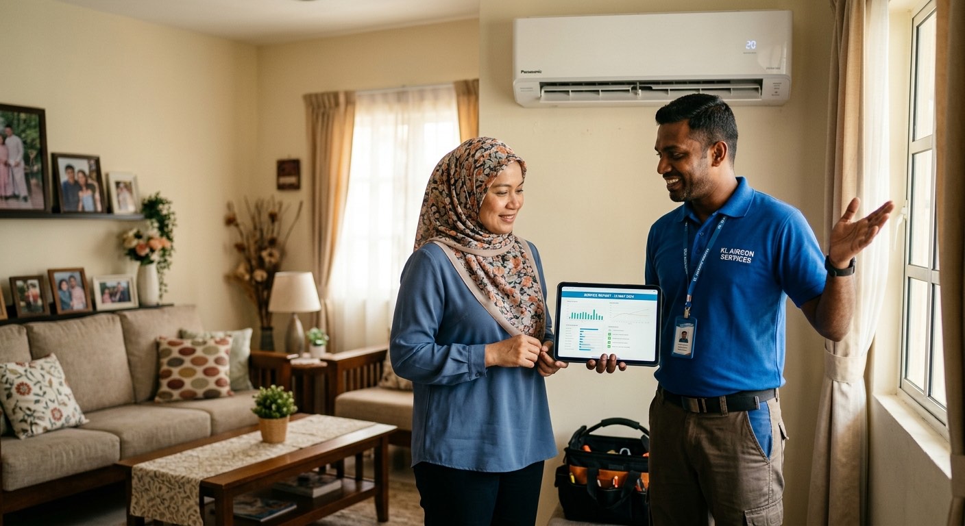 Juruteknik bertauliah menjalankan Sewa Beli Panasonic untuk aircond Panasonic di rumah pelanggan