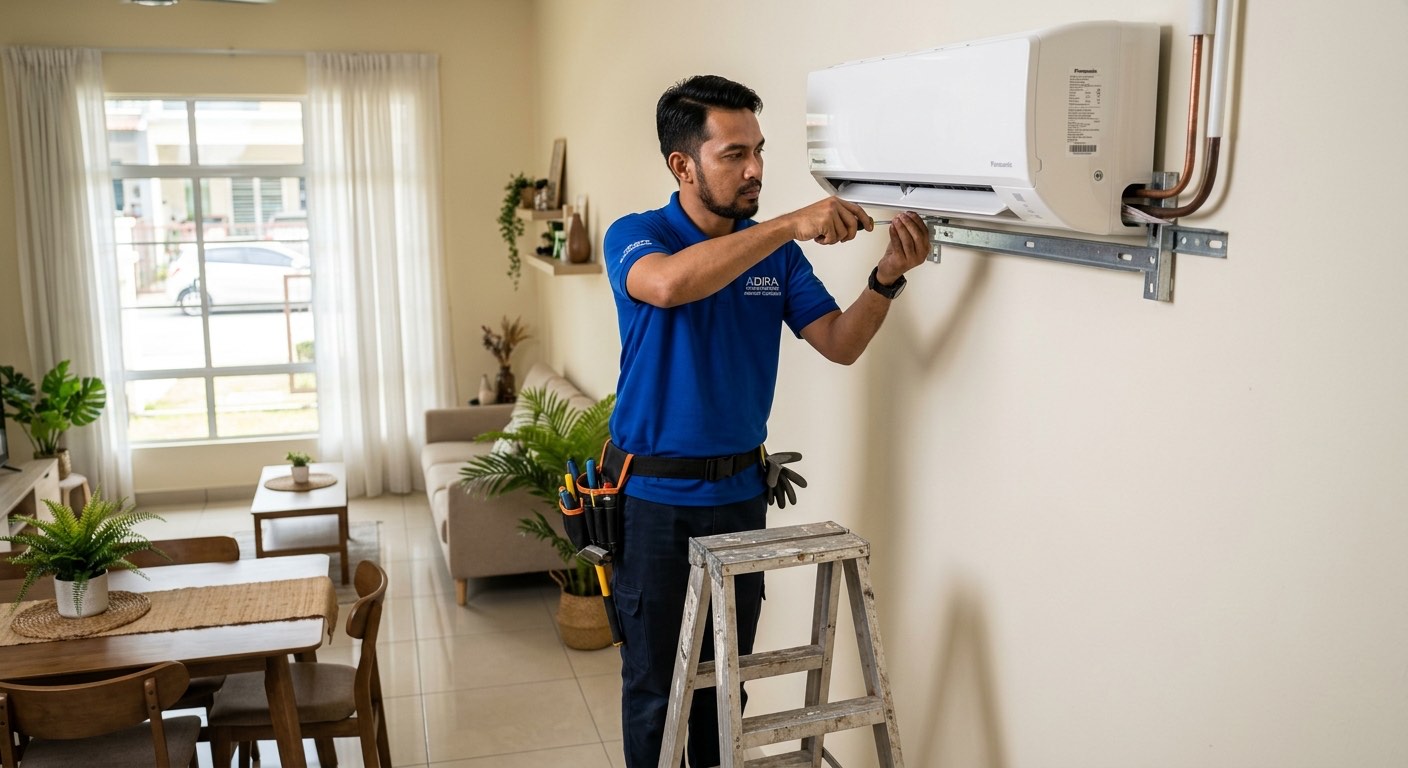 Juruteknik bertauliah menjalankan Pasang Aircond Panasonic untuk aircond Panasonic di rumah pelanggan