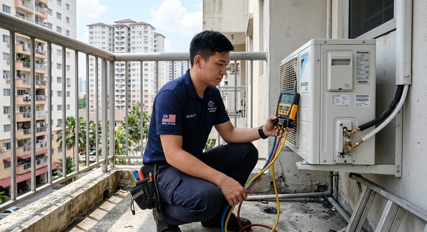 Juruteknik bertauliah menjalankan Baik Pulih & Repair untuk aircond Panasonic di rumah pelanggan